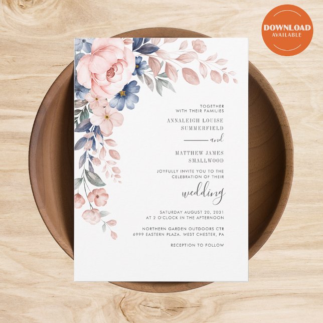 Convite Casamento Botânico Floral Rosa Moderno (Blush Pink Floral Watercolor Wedding Invitation)