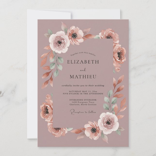 Convite Casamento Botânico Floral Rosa Romance (Frente)