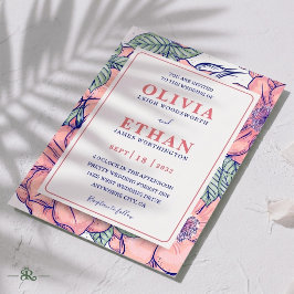 Convite Casamento Botânico Floral Rosa Rústico Desenhado à