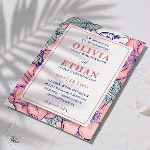 Convite Casamento Botânico Floral Rosa Rústico Desenhado à