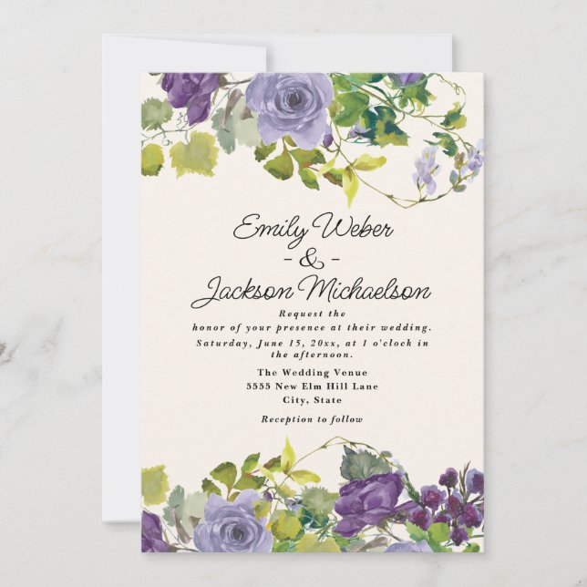Convite Casamento Botânico Floral Roxo (Frente)
