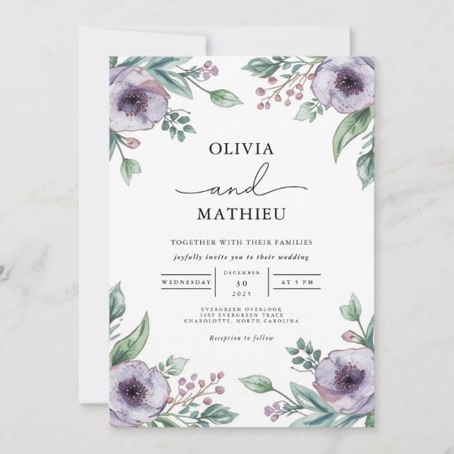 Convite Casamento Botânico Floral Roxo Moody (Frente)