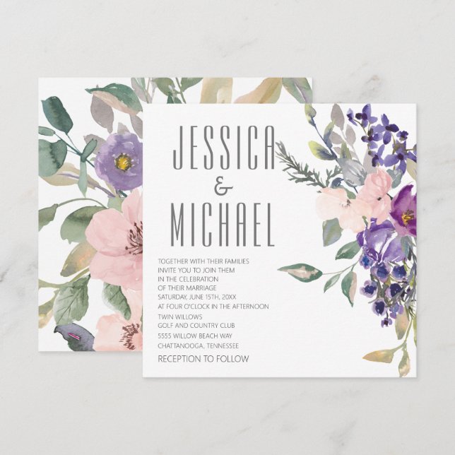 Convite Casamento Botânico Floral Roxo Rosa (Frente/Verso)