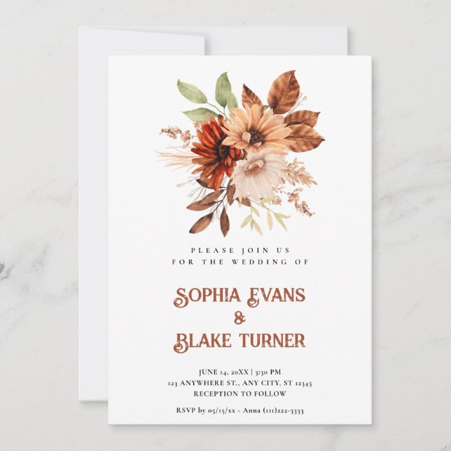 Convite Casamento Botânico Floral Rústico de Outono Branco (Frente)