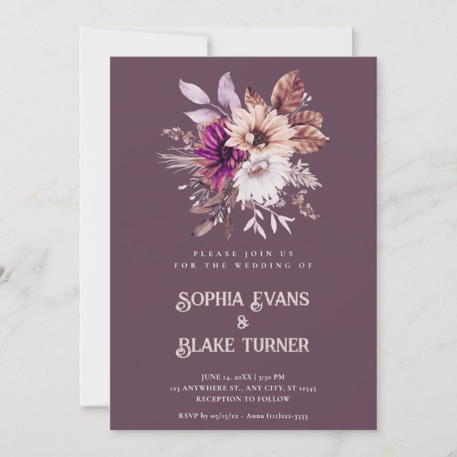 Convite Casamento Botânico Floral Rústico de Outono com Be (Frente)
