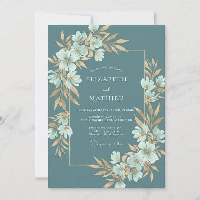 Convite Casamento Botânico Floral Turquesa (Frente)