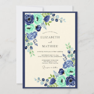 Convite Casamento Botânico Floral Verde Água Marinho