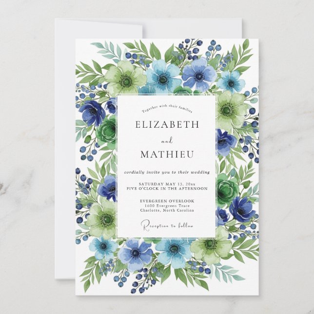 Convite Casamento Botânico Floral Verde Azul (Frente)