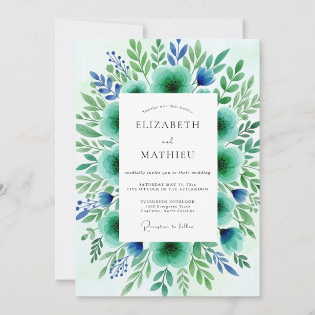 Convite Casamento Botânico Floral Verde-azulado (Frente)