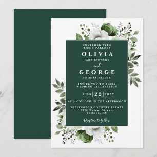 Convite Casamento Botânico Floral Verde Esmeralda Moderno