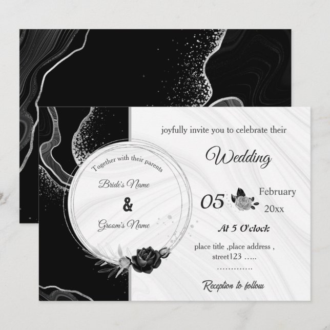 Convite casamento botânico flores cinza prata & preto (Frente/Verso)