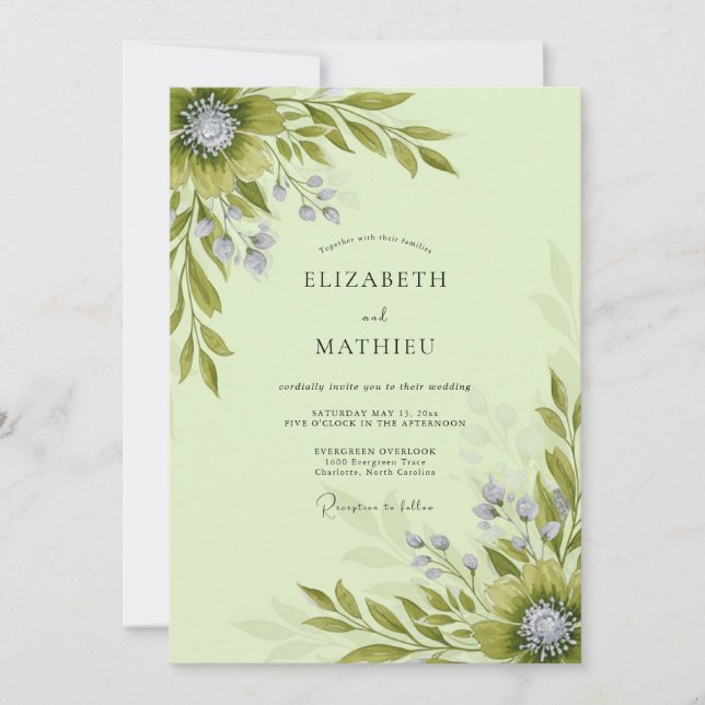 Convite Casamento Botânico Florescente em Verde Sage (Frente)