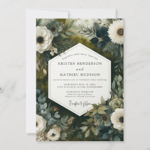 Convite Casamento Botânico Florestal em Azul Teal Profundo