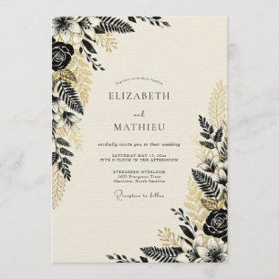 Convite Casamento Botânico Florestal Preto e Dourado