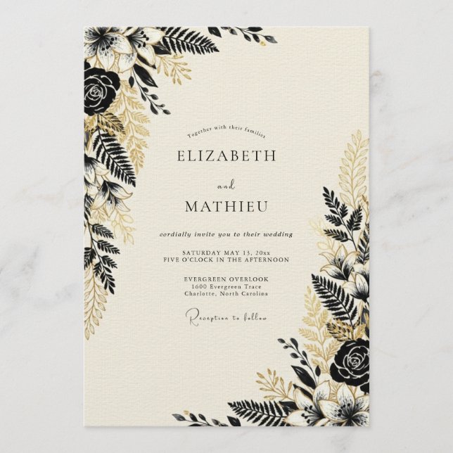Convite Casamento Botânico Florestal Preto e Dourado (Frente)