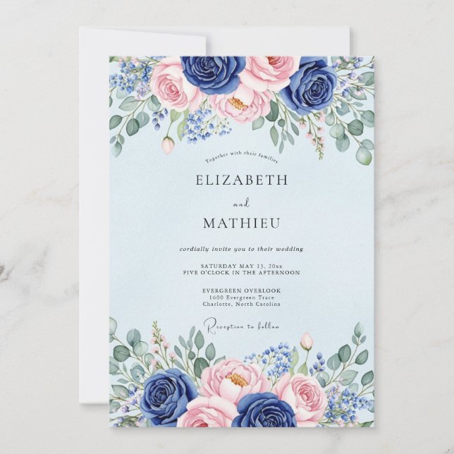 Convite Casamento Botânico Florido Azul Claro (Frente)