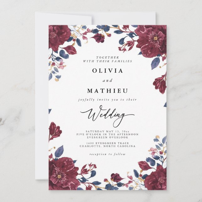 Convite Casamento Botânico Flush Burgundy e Marinho (Frente)