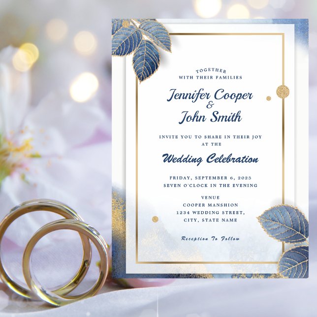 Convite Casamento Botânico Folhas de Ouro Azul Elegante (Criador carregado)