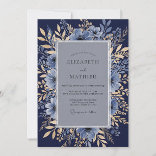 Convite Casamento Botânico Formal Azul Marinho