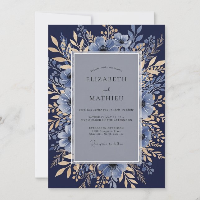 Convite Casamento Botânico Formal Azul Marinho (Frente)