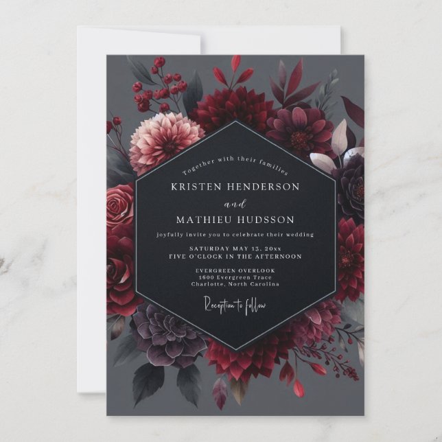 Convite Casamento Botânico Garnet Noir (Frente)