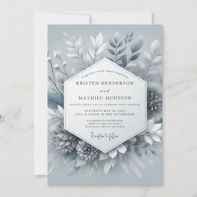 Convite Casamento Botânico Gelado Azul Ardesia (Frente)