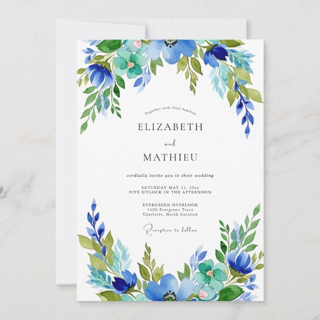 Convite Casamento Botânico Harmonioso Azul Turquesa (Frente)