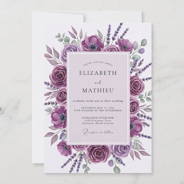 Convite Casamento Botânico Ilustre Roxo (Frente)