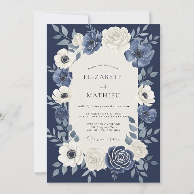 Convite Casamento Botânico Imperial Azul Naval (Frente)