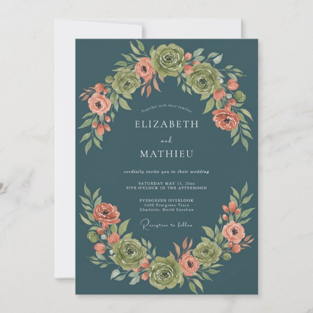 Convite Casamento Botânico Imperial Azul Pavão (Frente)