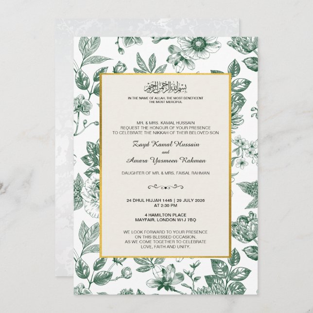 Convite Casamento Botânico Islâmico Elegante Verde (Frente/Verso)