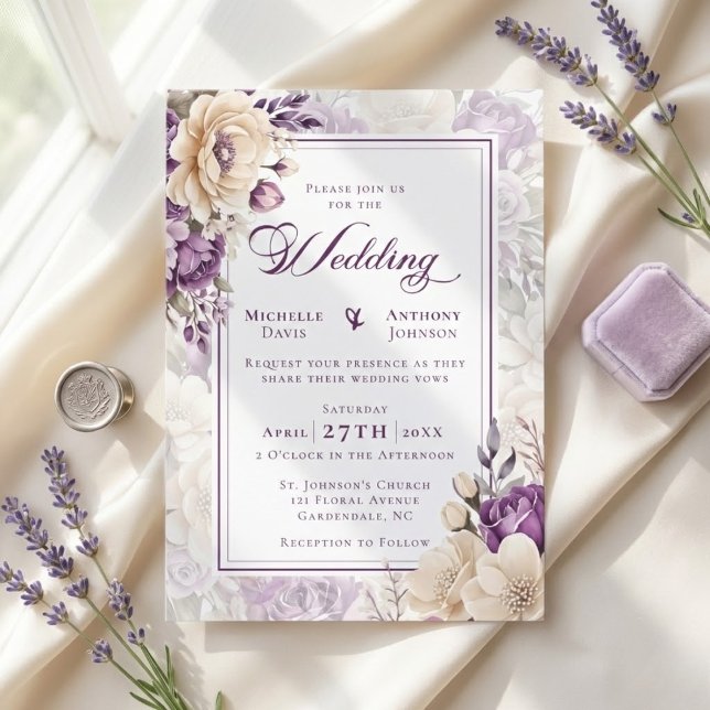 Convite Casamento Botânico Lavanda Marfim (Ivory Lavender Botanical Wedding Invitation)