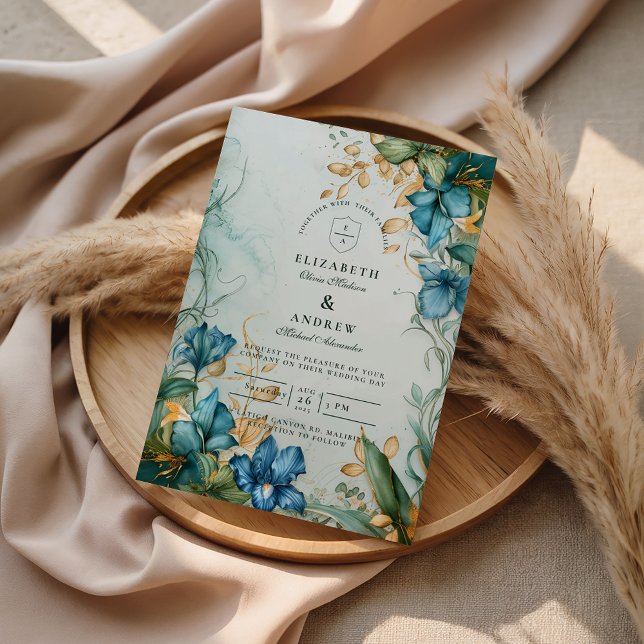 Convite Casamento Botânico Lírio Azul Elegante (Criador carregado)