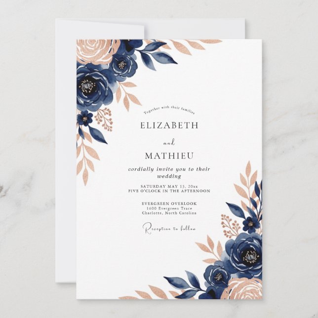 Convite Casamento Botânico Luxo Azul Naval (Frente)