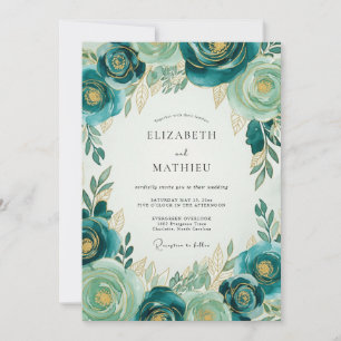 Convite Casamento Botânico Luxo Dourado Verde Água