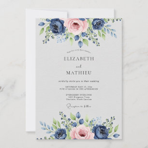 Convite Casamento Botânico Luxuoso Azul Marinho Rosa