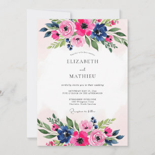 Convite Casamento Botânico Luxuoso Azul Marinho Rosa
