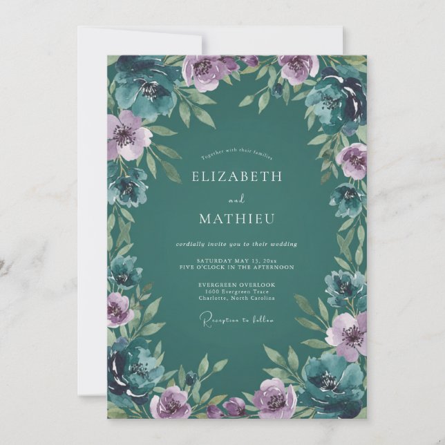 Convite Casamento Botânico Luxuoso em Azul Teal Profundo (Frente)