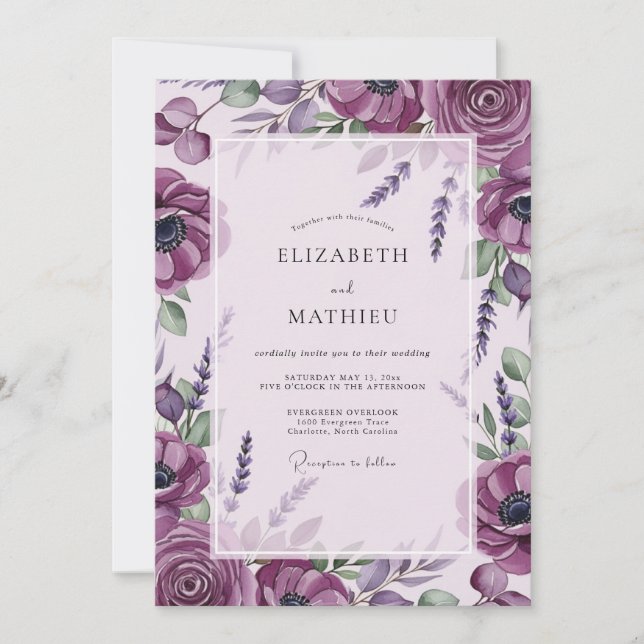 Convite Casamento Botânico Luxuoso Roxo (Frente)