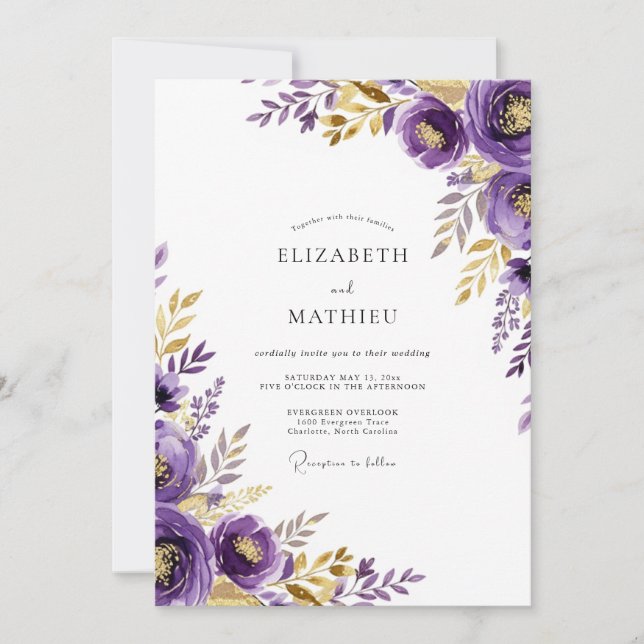 Convite Casamento Botânico Luxuoso Roxo (Frente)