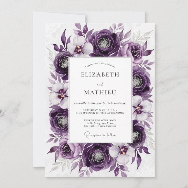 Convite Casamento Botânico Luxuoso Roxo (Frente)