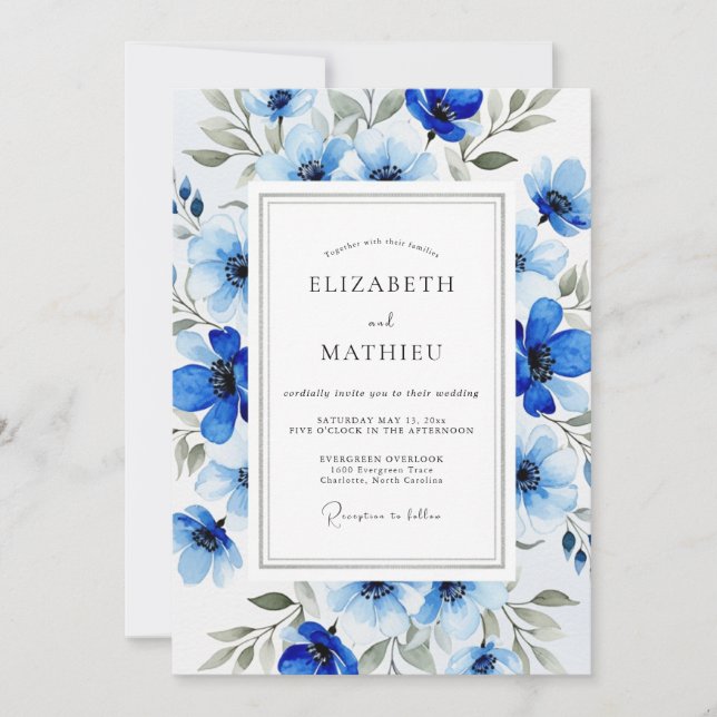 Convite Casamento Botânico Luxuriante Azul Real (Frente)