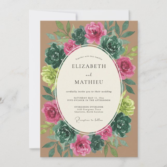 Convite Casamento Botânico Magenta Teal (Frente)
