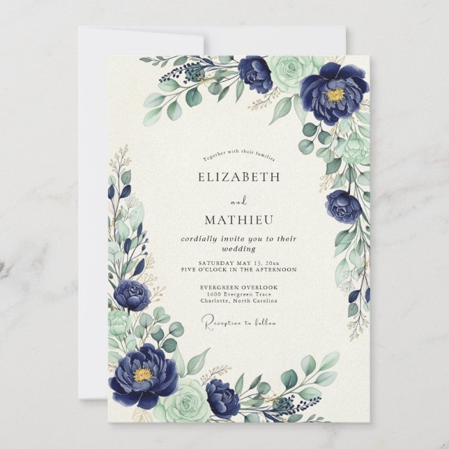 Convite Casamento Botânico Majestoso Azul Naval (Frente)