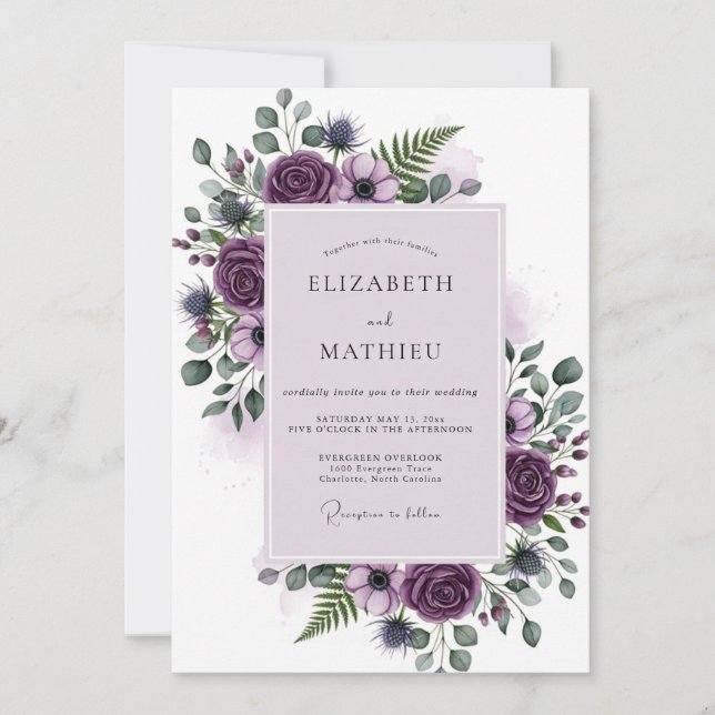 Convite Casamento Botânico Majestoso Roxo (Frente)