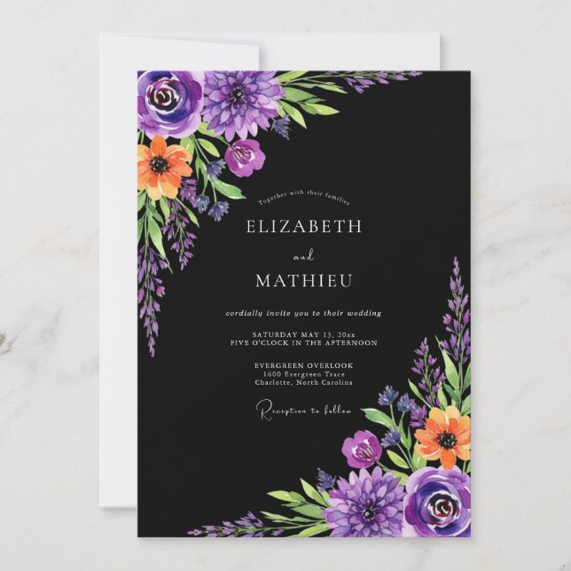 Convite Casamento Botânico Mal-encarado Roxo (Frente)
