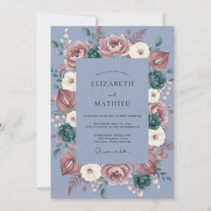 Convite Casamento Botânico Malinconico Azul Empoeirado