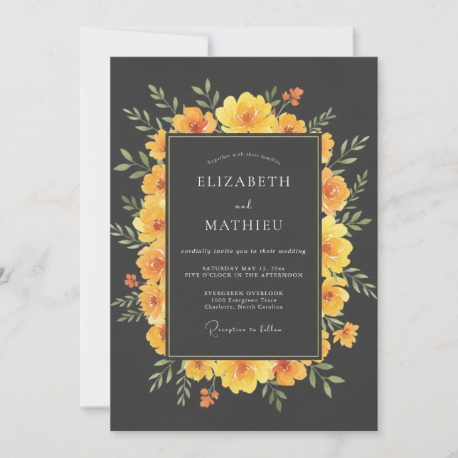 Convite Casamento Botânico Marigold Ousado (Frente)