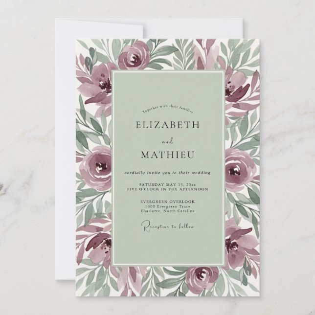 Convite Casamento Botânico Mauve Moody (Frente)