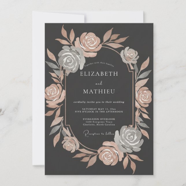 Convite Casamento Botânico Metálico em Rose Gold (Frente)